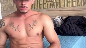 The muscular Brazilian bodybuilder strokes out a creamy solo load sensually.