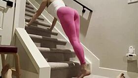FITNESS GIRL DOMINATES WITH GYM STEPS DICKFLASH MONSTER COCK