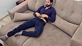 bodybuilder rips clothes off neighbor's MONSTER cock after work striptease jerkoff