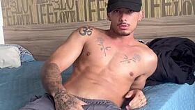 The muscular Brazilian bodybuilder strokes out a creamy solo load sensually.