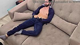 bodybuilder rips clothes off neighbor's MONSTER cock after work striptease jerkoff