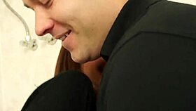 chesty babe fucks hardcore in public toilet with lingerie