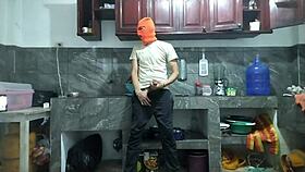 From flaccid to monster erect, watch this 25yo brunette stroke big cock in kitchen for best friend?