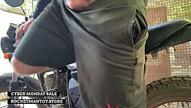 guy straps rocketman monster cock toy to his motorbike for shaking outdoor orgasm blast