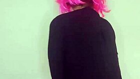 Masked housewife in corset flashes natural tits and dildo on bed