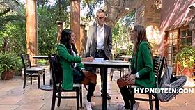 Petite bookworm teens in uniforms give sloppy blowjobs bent over doggystyle fucking