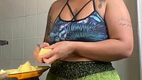 Wifey films cooking but flashes swollen pussy for thrills!