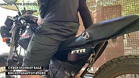 guy straps rocketman monster cock toy to his motorbike for shaking outdoor orgasm blast