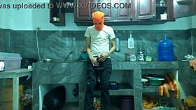 From flaccid to monster erect, watch this 25yo brunette stroke big cock in kitchen for best friend?