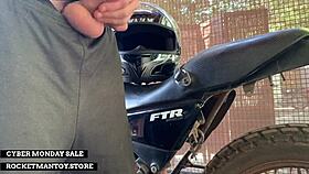 guy straps rocketman monster cock toy to his motorbike for shaking outdoor orgasm blast