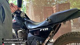 guy straps rocketman monster cock toy to his motorbike for shaking outdoor orgasm blast