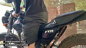 guy straps rocketman monster cock toy to his motorbike for shaking outdoor orgasm blast