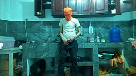 From flaccid to monster erect, watch this 25yo brunette stroke big cock in kitchen for best friend?