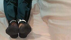 Self bondage asian korean babe tied up in socks before nap!