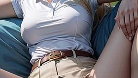 blonde's heart races flashing wet pussy under skirt on golf field