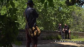 Watch Spanish hottie get gangbanged hard in public!