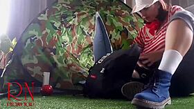 Stranger dominates nudist lady's pussy in wild forest camp fuck