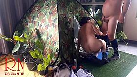 Stranger dominates nudist lady's pussy in wild forest camp fuck