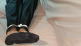 Self bondage asian korean babe tied up in socks before nap!