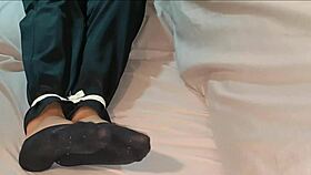 Self bondage asian korean babe tied up in socks before nap!