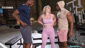 Blonde milf kay carter cuckolds hubby with two huge black cocks gym