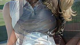 blonde's heart races flashing wet pussy under skirt on golf field