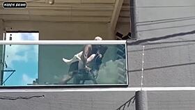 spreading my wet pussy wide open on the balcony for bbc creampie