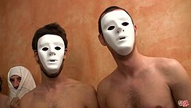 two spanish babes deepthroat blowbang swallowing massive bukkake loads