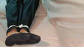 Self bondage asian korean babe tied up in socks before nap!