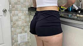 cumshot floods big ass in shorts bent over kitchen fuck