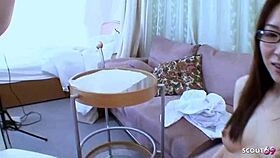 Tiny Japanese nerd with glasses gets uncensored POV creampie defloration sex