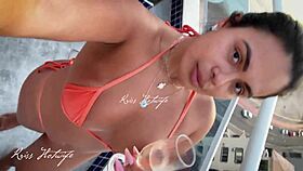 exhibitionist tanned wife shows off huge pussy by the pool