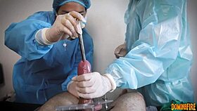 Nurse domina in latex gloves sounds slave cock in femdom hospital POV.