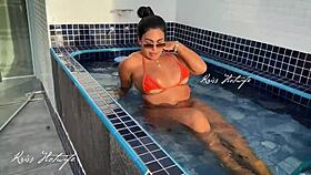 exhibitionist tanned wife shows off huge pussy by the pool