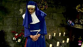 possessed blonde kneels to lap perverted nun's dripping tight pussy in dark cosplay