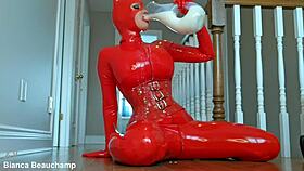 redhead milf in latex corset gloves and boots plays with milk and toys close-up