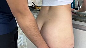 cumshot floods big ass in shorts bent over kitchen fuck