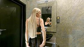 wow, check this big tits blonde milf teasing in see-through miniskirt no panties socks!