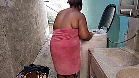 stepmilf takes massive facials from horny guy squirting all over backyard tits