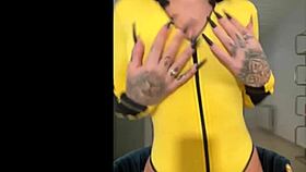 hot susy gala in tarantino cosplay sucks dildo shakes ass in horny striptease!