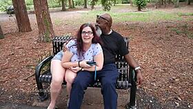 Nerdy milf strokes and sucks big black dick outdoors