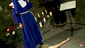 possessed blonde kneels to lap perverted nun's dripping tight pussy in dark cosplay