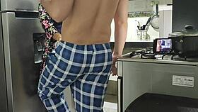 mature woman bends over kitchen counter for deep pounding creampie