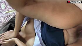 Thai schoolgirl slut in uniform moans wildly from monster cock creampie pounding