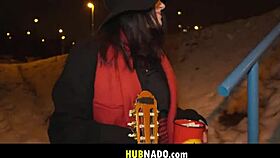 Picking up street artist Melany Mendes with her big brunette tits