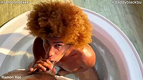 two hung black guys stroke cocks in hot tub join the fun!