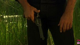 That couple bangs rough cowgirl style on a vintage boat in the lake outdoors