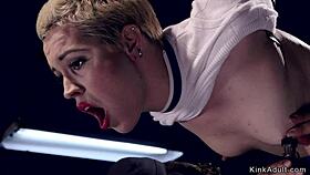 blonde slave bent over in bondage, caned hard then deepthroated doggystyle