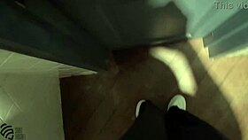 Yo this horny milf sneaks a quick jerk in the nightclub toilet