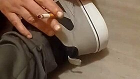 friend enthusiastically trashes sneakers in playful destruction